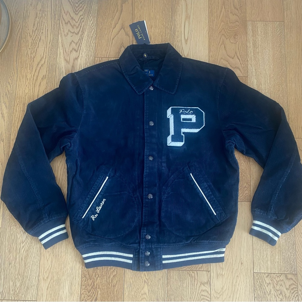 Polo Ralph Lauren Corduroy Bomber Varsity Jacket Coat Patch Embroidered Prep